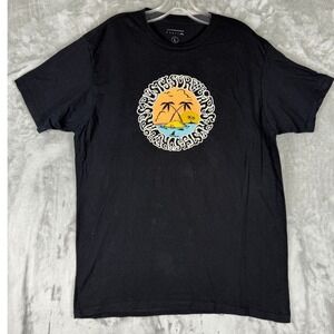 Vintage Mens Graphic T Shirt Black Palm Tree Sunset Island Shark Skull‎ L